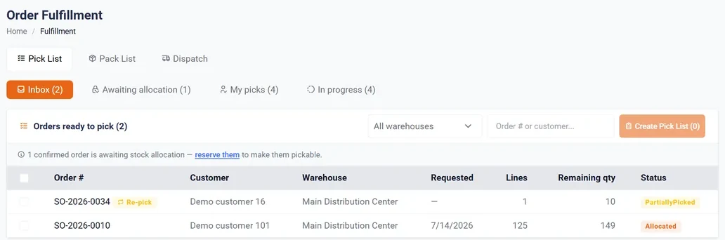 The order fulfilment screen with Pick List, Pack List and Dispatch tabs, showing orders ready to pick and a warning that one confirmed order is awaiting stock allocation.