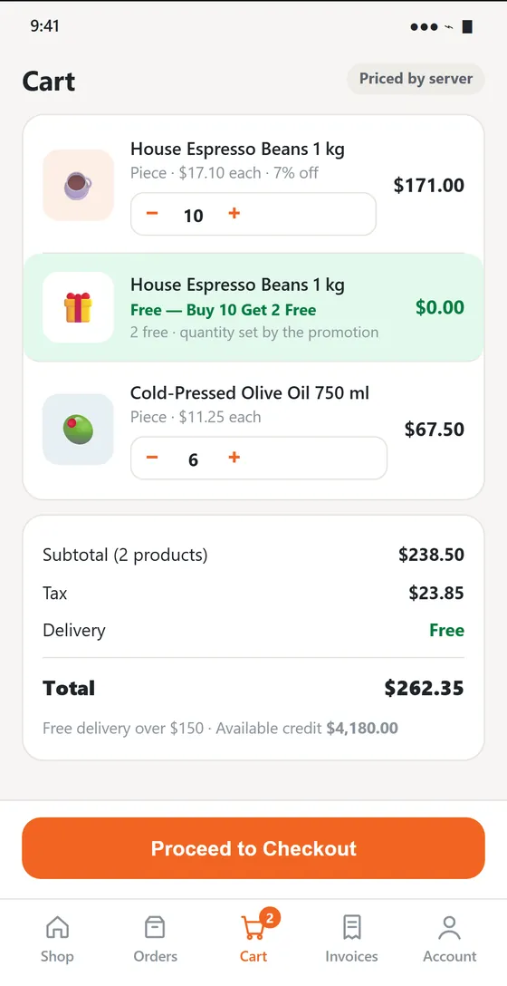 The buyer app cart: two products plus a free promotional line priced at zero, with subtotal, tax, free delivery and a total of $262.35.