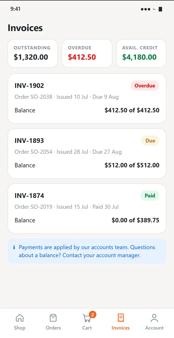 The buyer app invoices screen: outstanding, overdue and available credit totals, then individual invoices marked Overdue, Due and Paid with their balances.