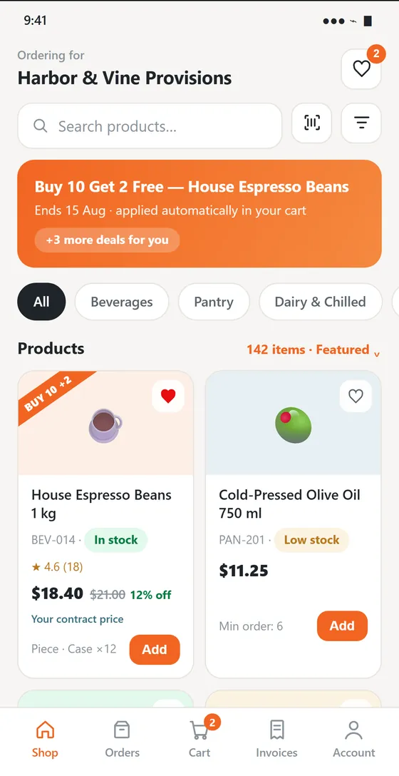 The buyer app shop screen: a promotion banner, category filters, and product cards showing the customer's own contract price of $18.40 against a $21.00 list price, with live stock status.