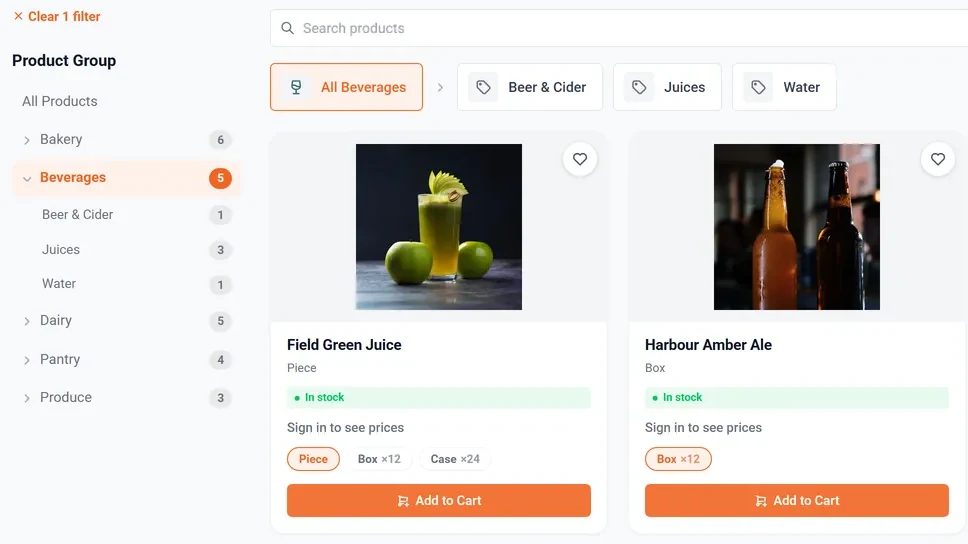 The OrderPulse ordering portal on the web: a category sidebar drilling from Beverages into Beer & Cider, Juices and Water, and two products with photographs, live stock status and per-unit pack options of piece, box of twelve and case of twenty-four.