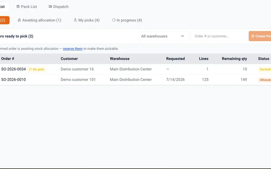 The order fulfilment screen with pick, pack and dispatch queues.