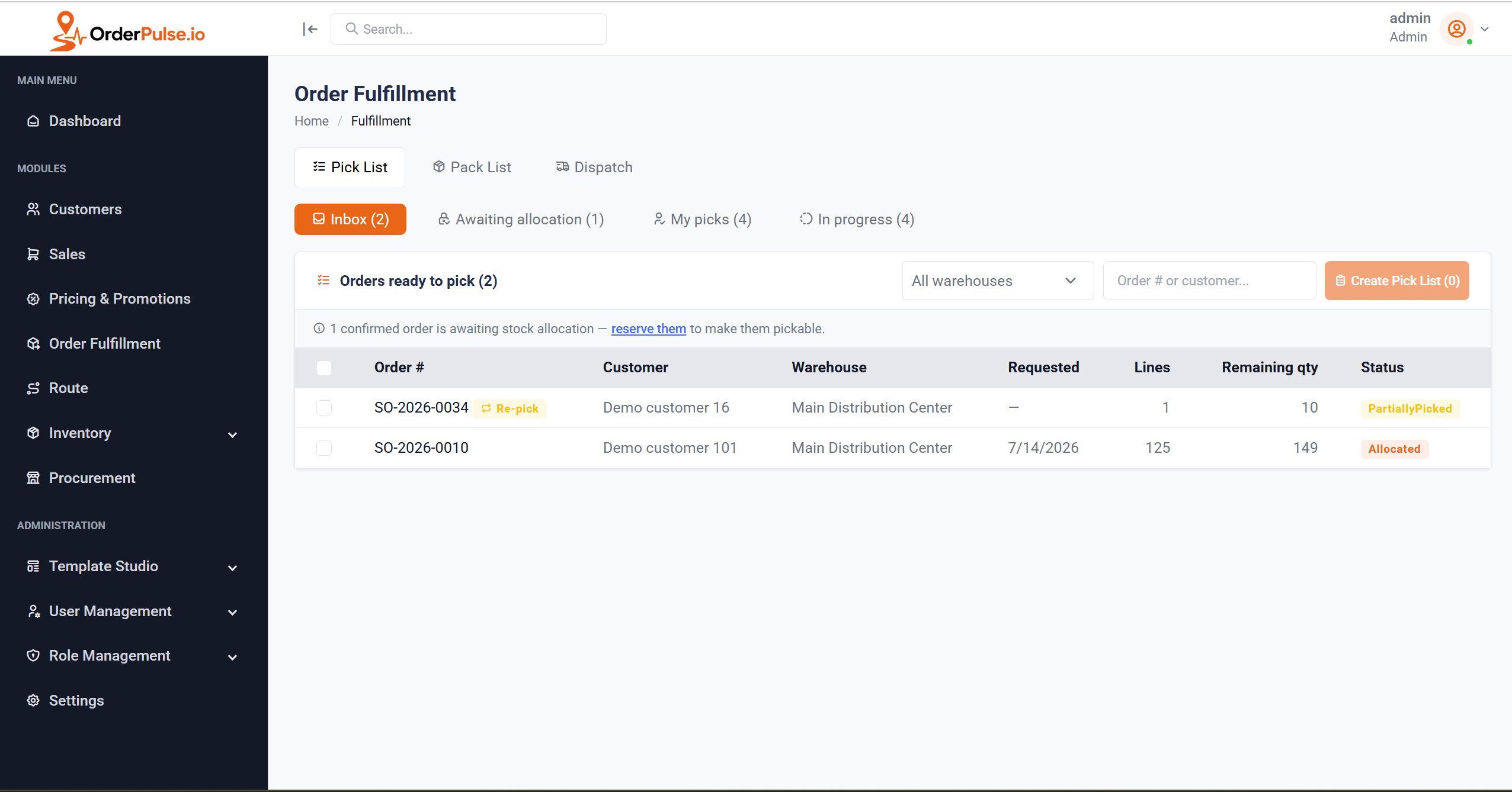 OrderPulse application — Fulfillments